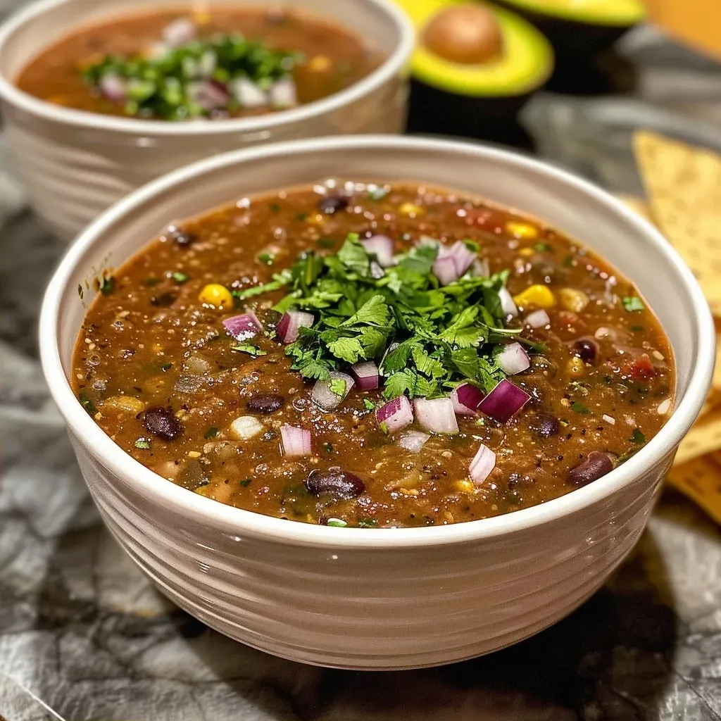 Primer plano de Sopa de Tortilla de Frijoles Negros Chipotle.