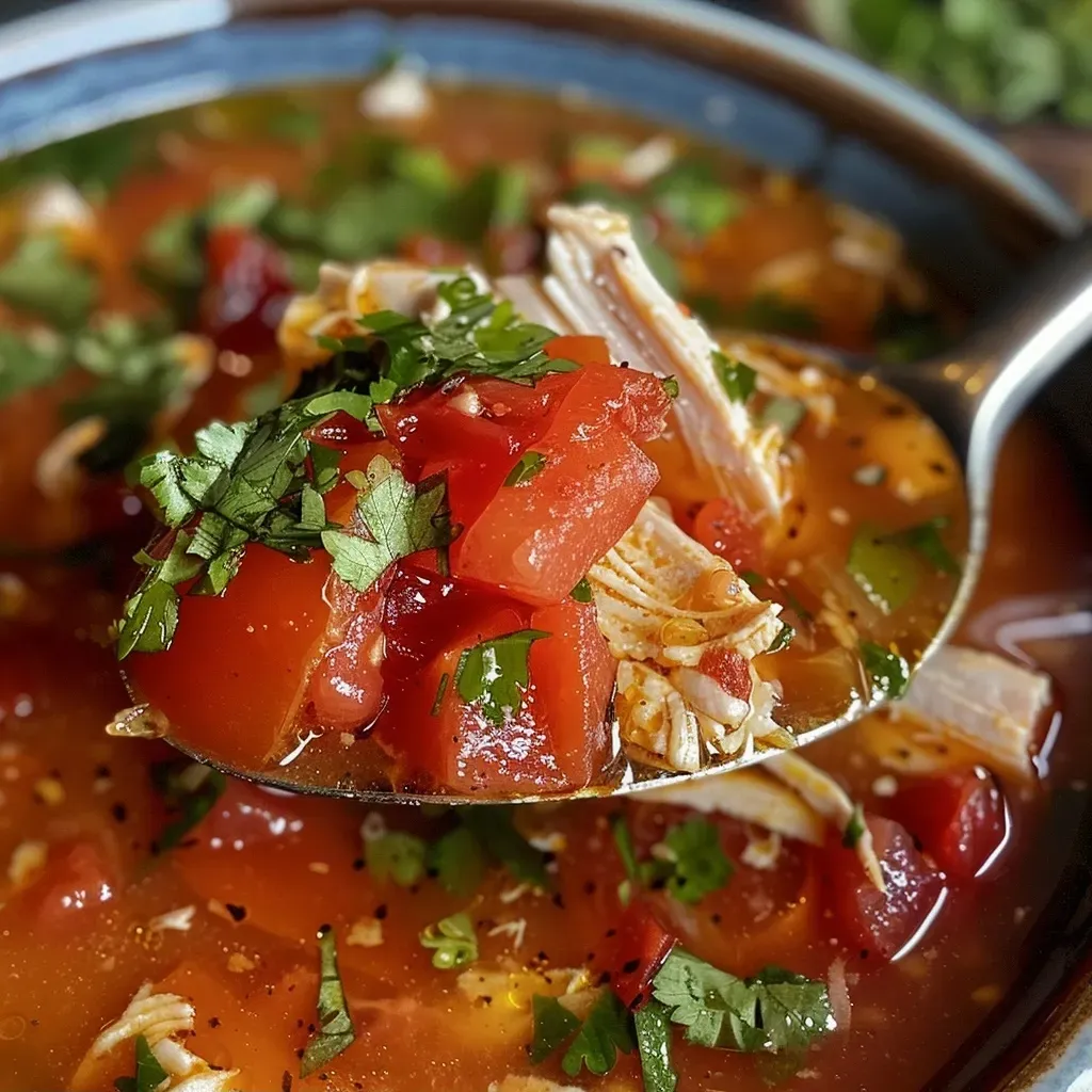 Primer plano de Sopa de Tortilla con ingredientes frescos.