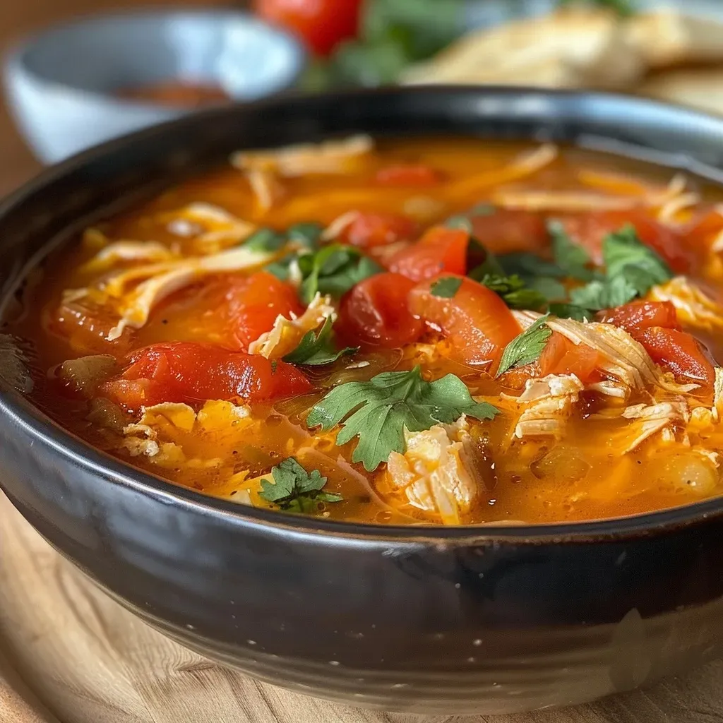 Vista lateral de una deliciosa Sopa de Tortilla en un tazón.