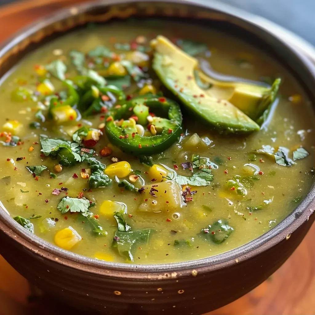 Sopa vegana de maíz y poblano en un tazón con ingredientes frescos.