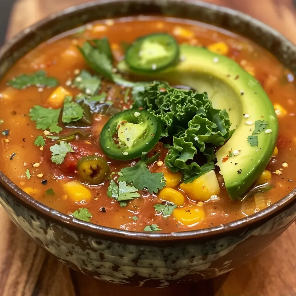 Primer plano de la sopa vegana de maíz y poblano servida en un plato.