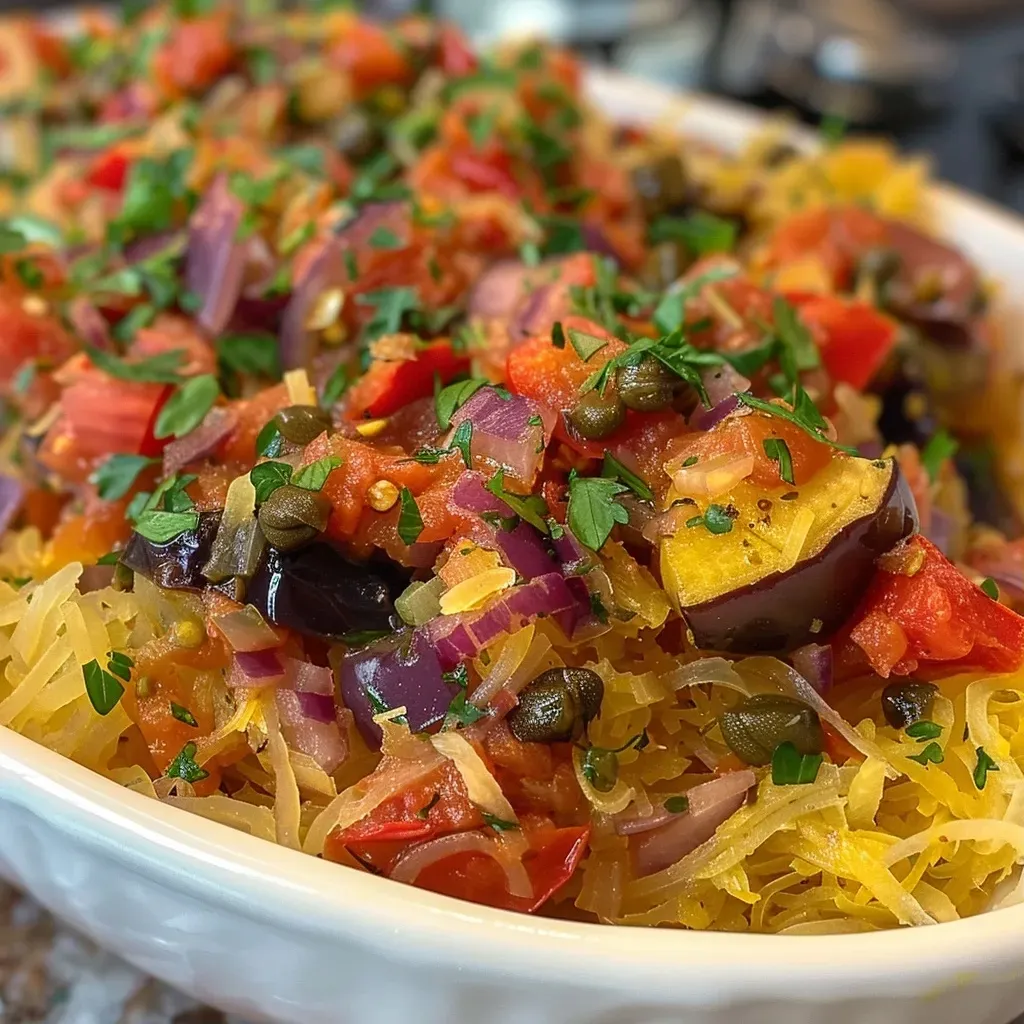 Plato de Spaghetti Squash Caponata con verduras frescas.