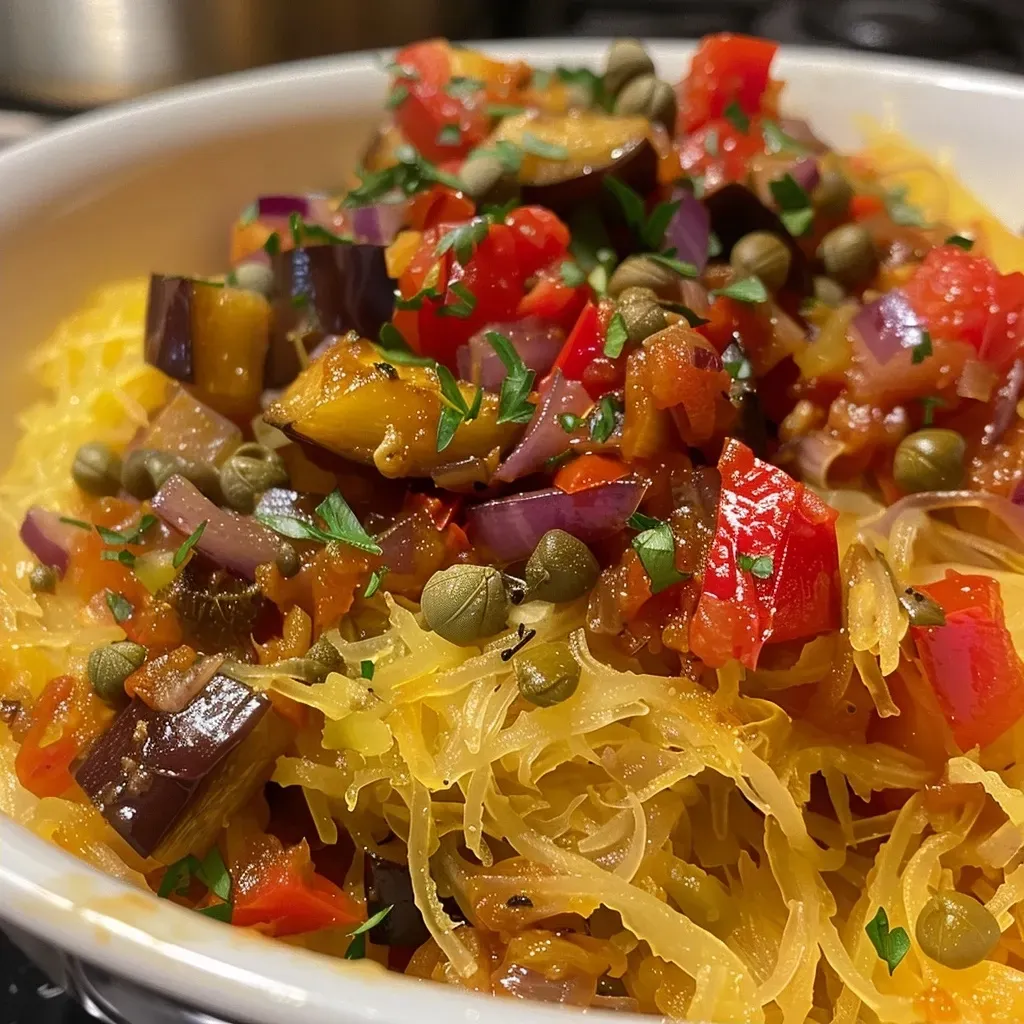 Close up de Spaghetti Squash Caponata mostrando su textura jugosa.