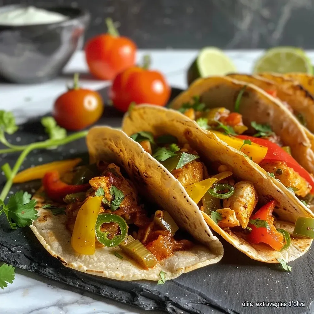 Tacos de pollo y verduras en primer plano, mostrando ingredientes frescos.