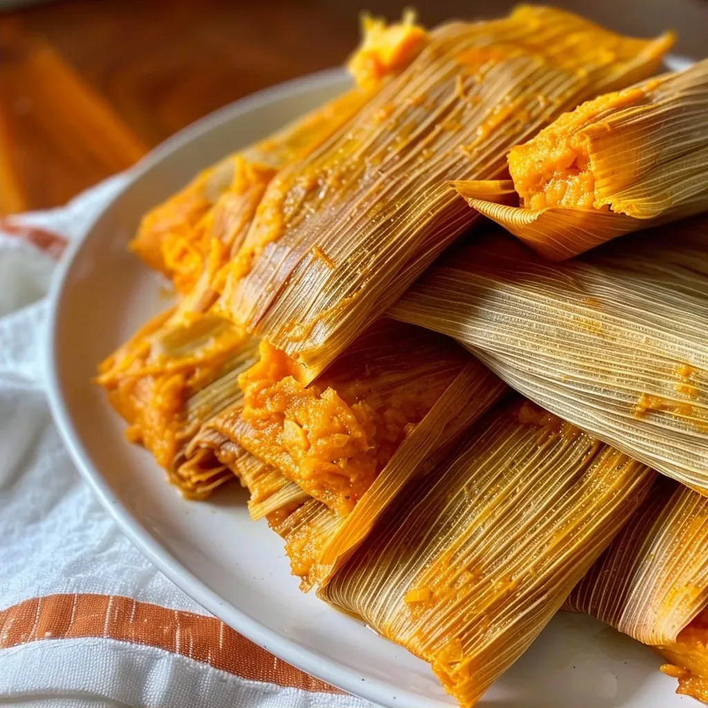Primer plano de tamales de calabaza con textura suave.