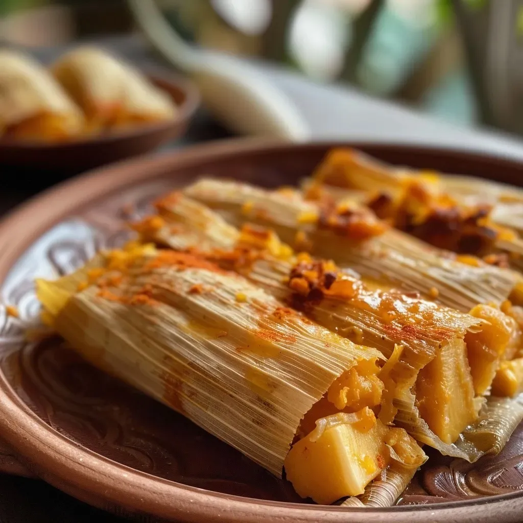 Primer plano de tamales rellenos de queso y calabaza.