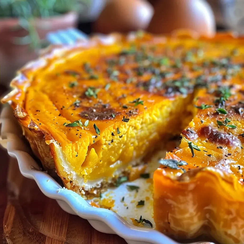 Vista lateral de una tarta de calabaza, con ingredientes frescos alrededor.
