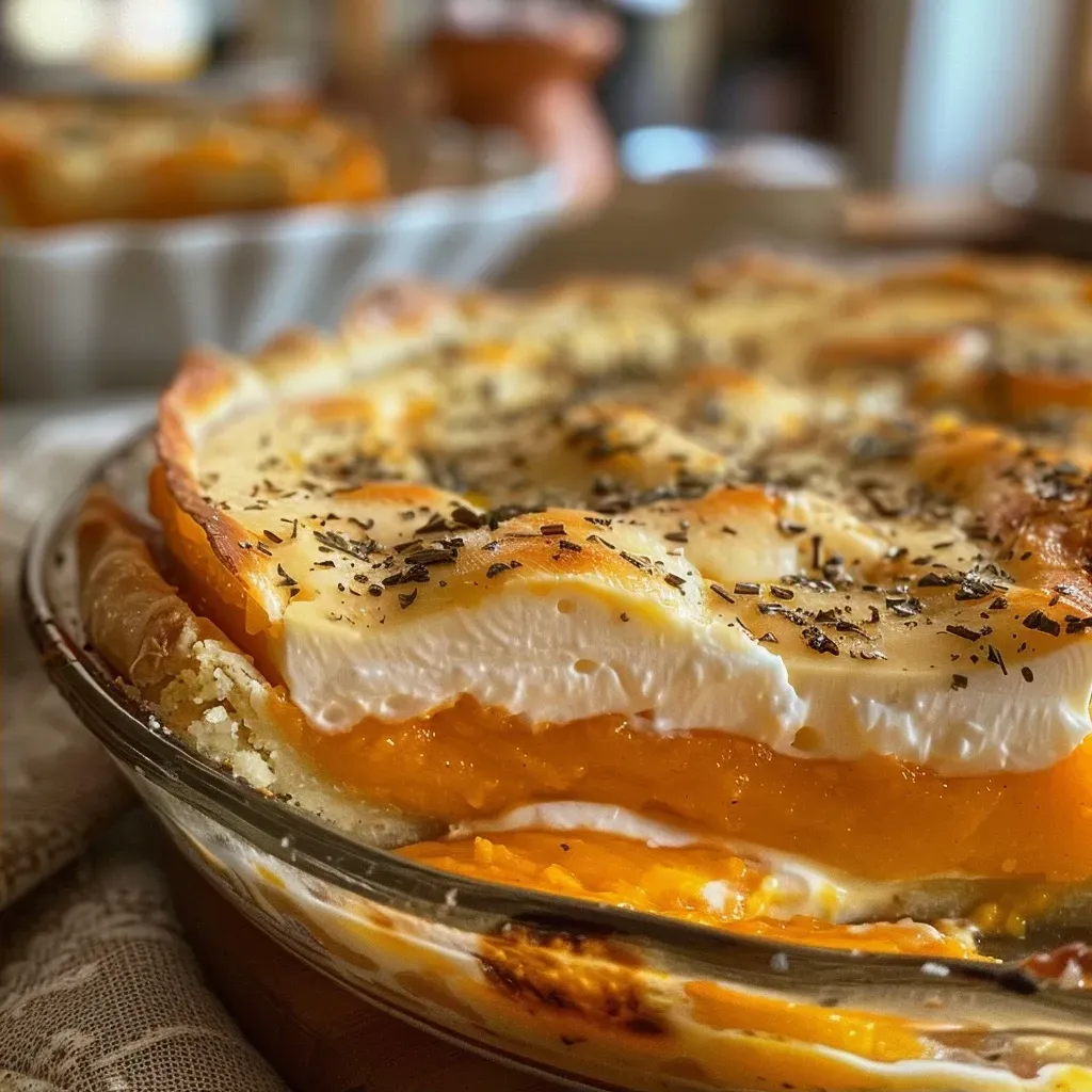 Vista lateral de una tarta de calabaza y crema de queso.