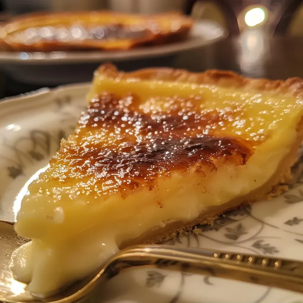 Vista lateral de una tarta de Crème Brûlée con azúcar crujiente.