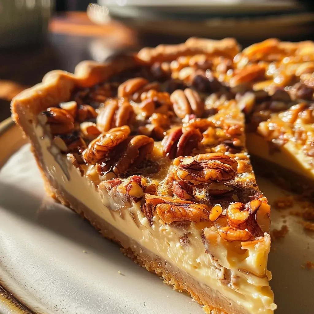 Tarta de nueces en primer plano, mostrando su textura jugosa y dorada.
