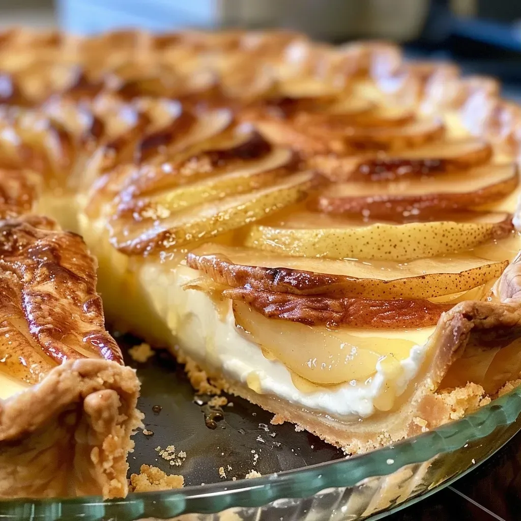 Tarta de peras con queso crema y miel en una mesa.