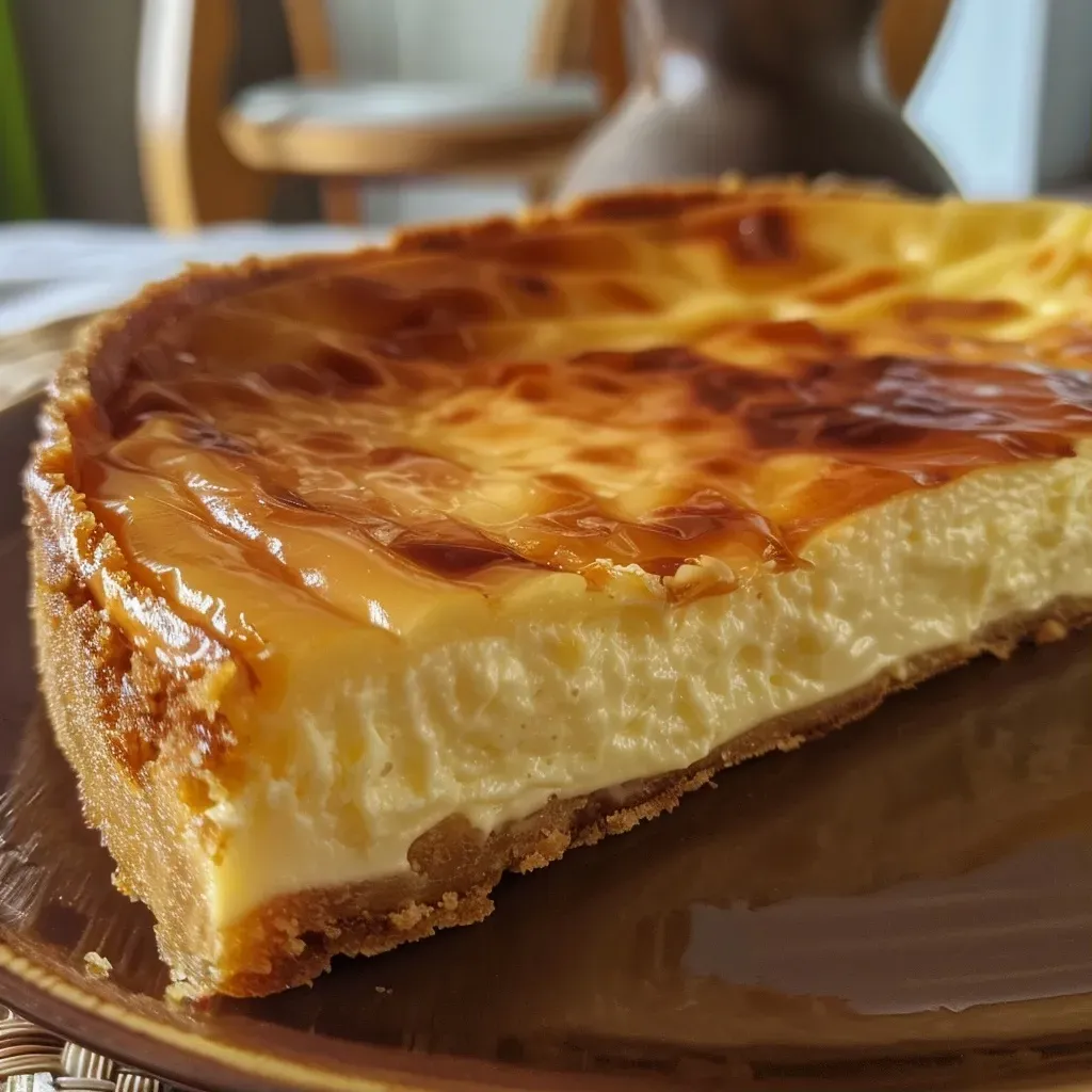 Tarta de queso cremosa vista lateral, con textura jugosa.