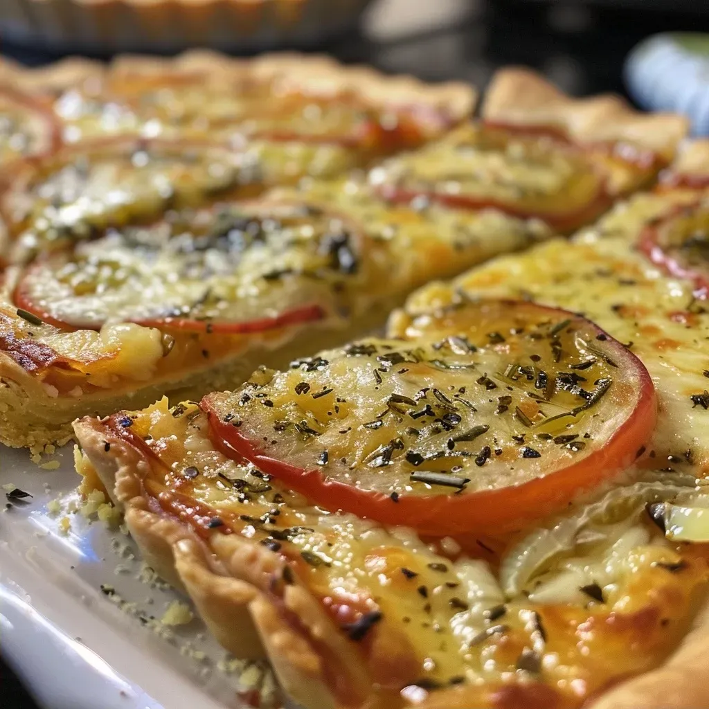 Detalle de tarta salada con tomates verdes fritos y hierbas.