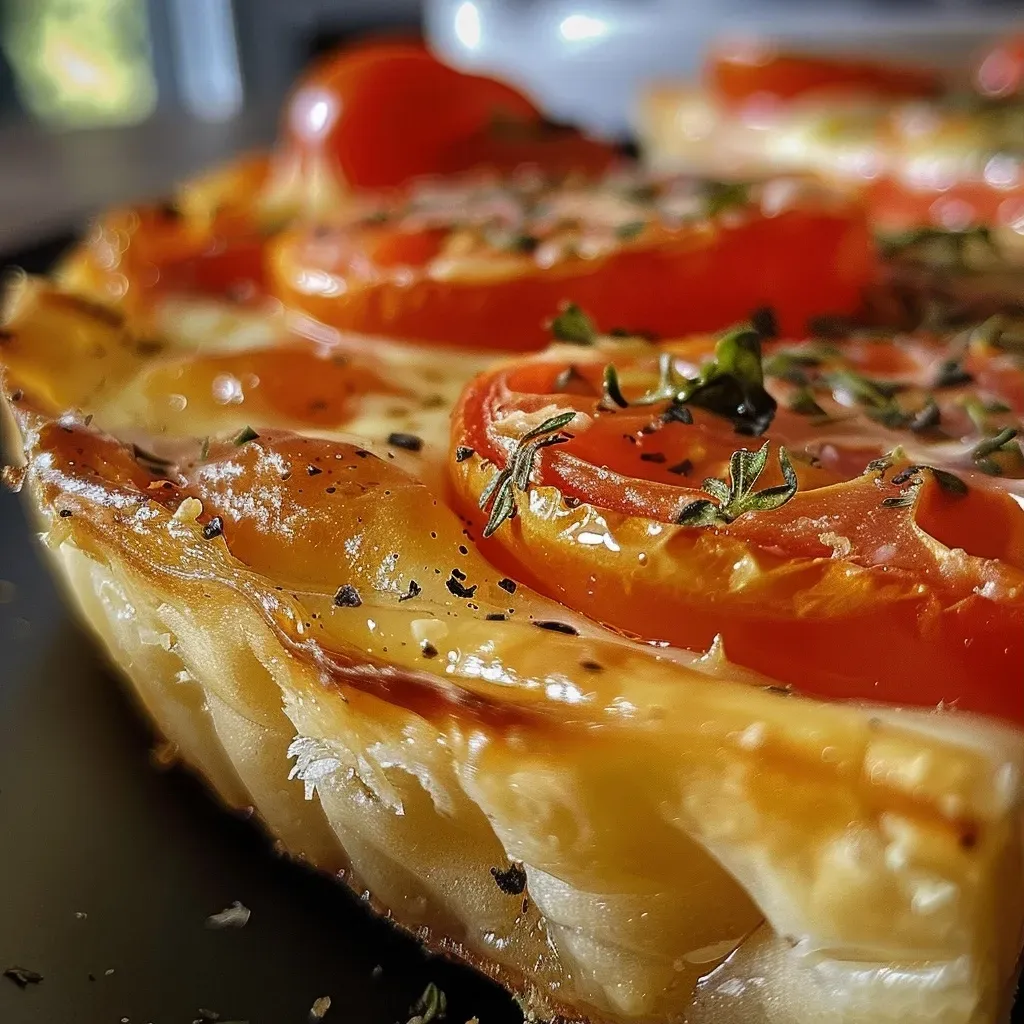 Tarta de tomates heirloom cortada, mostrando su jugosa capa interior.