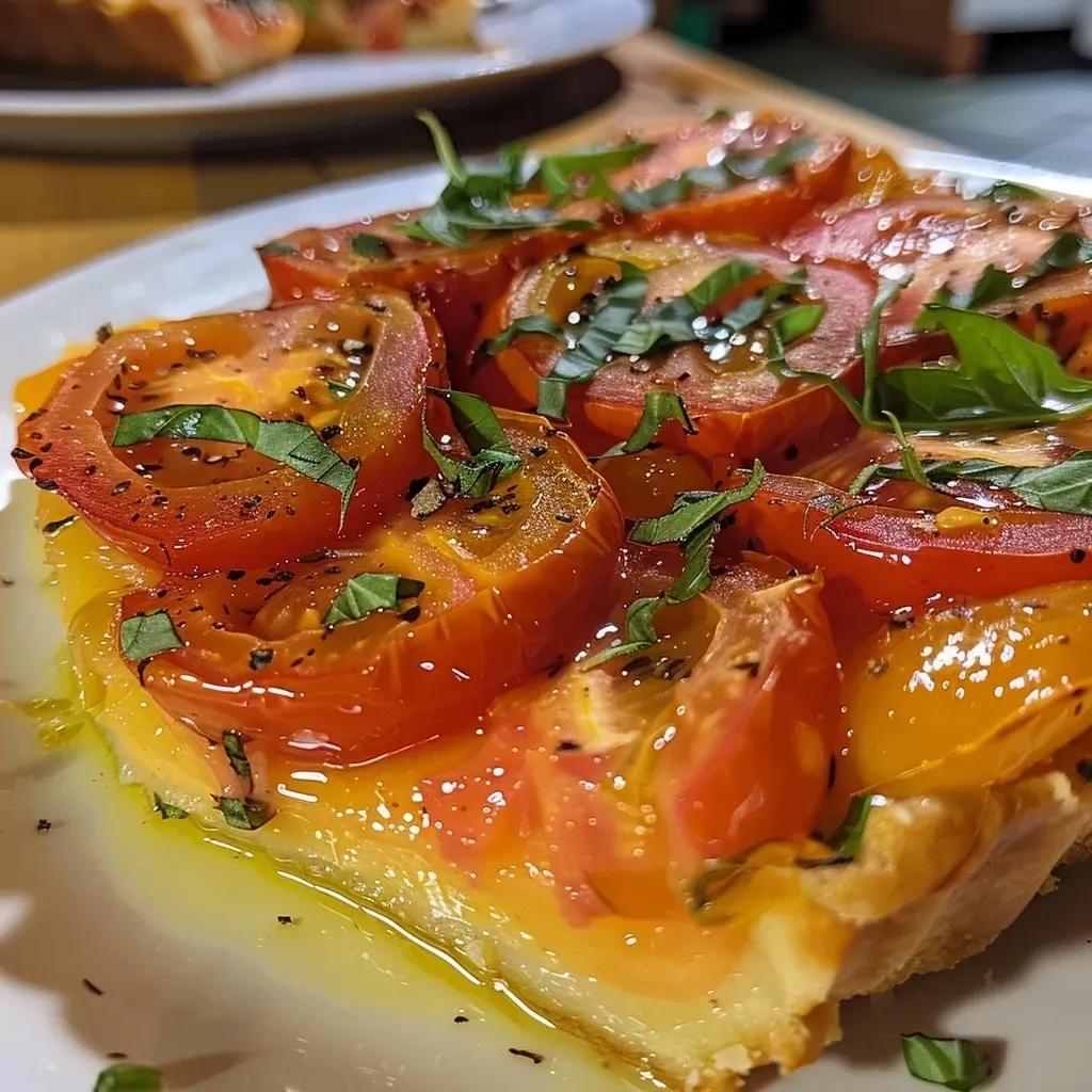 Vista lateral de una tarta de tomates con tomates verdes heirloom.