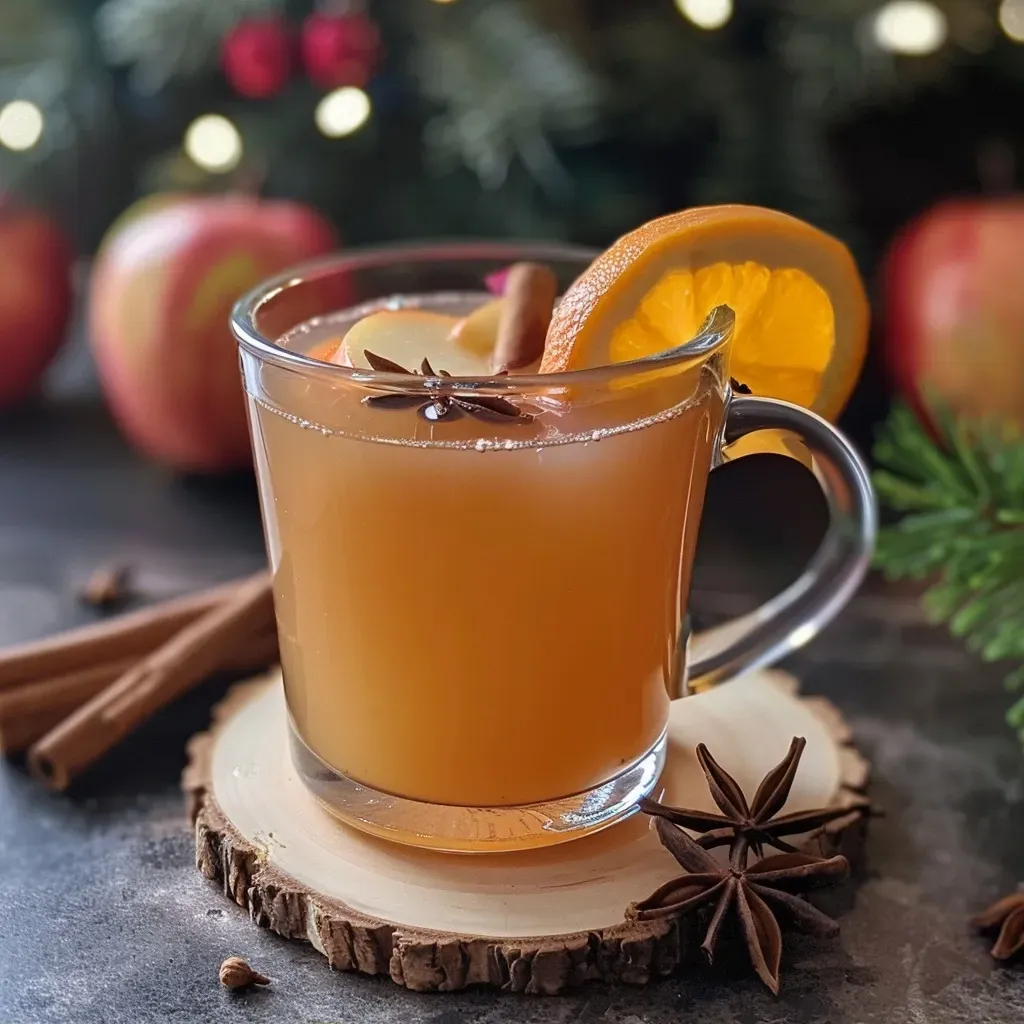 Taza de té de manzana especiado navideño con decoración de canela y anís estrellado.
