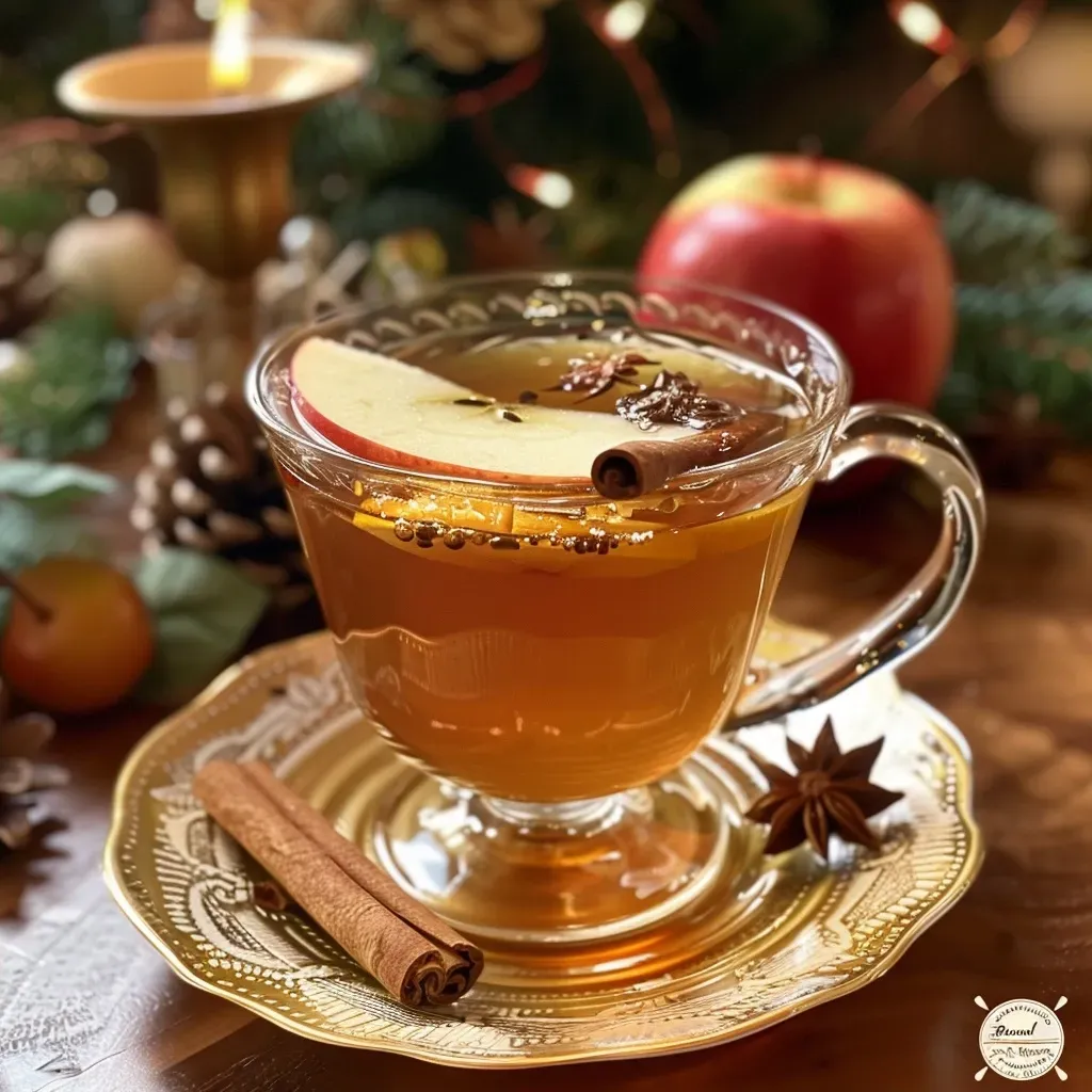 Detalle de una bebida caliente de té de manzana con especias navideñas en un ambiente acogedor.