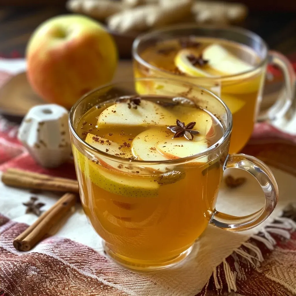 Taza de té de manzana con rodajas de manzana y limón.