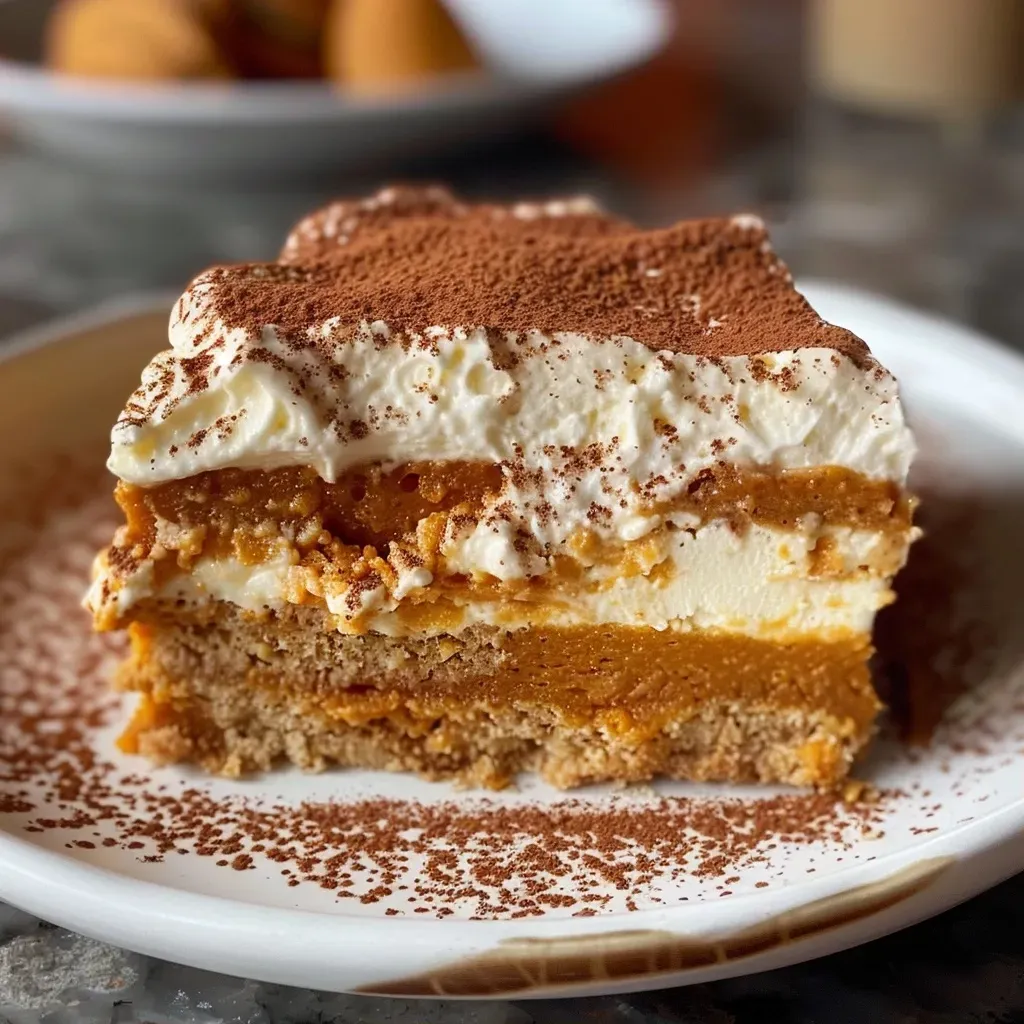 Tiramisu de calabaza cremoso en primer plano.