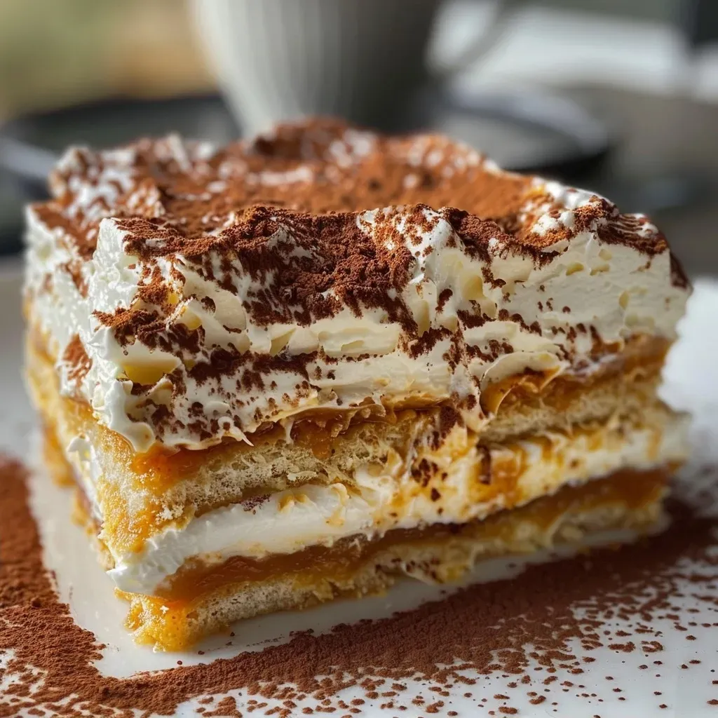 Delicioso tiramisu de calabaza visto de lado.