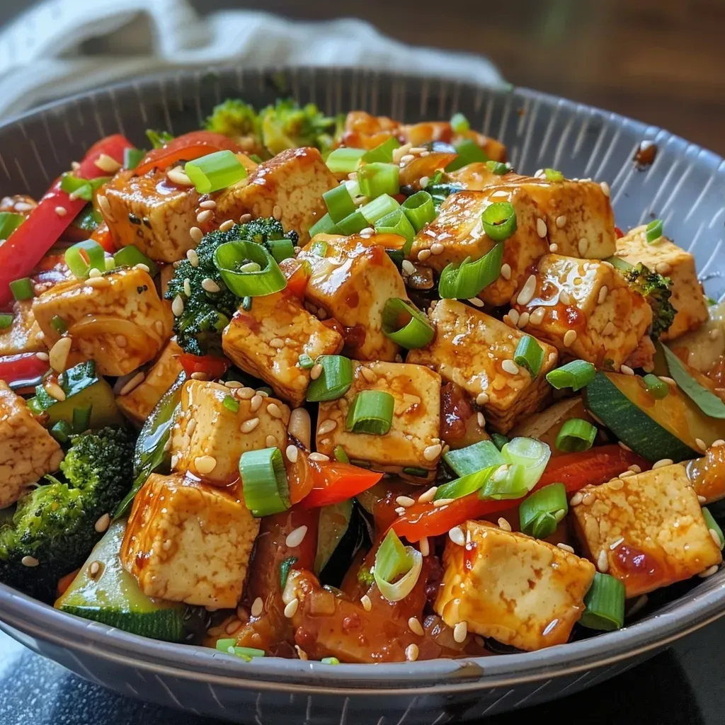 Tofu Szechuan picante con verduras frescas en primer plano.