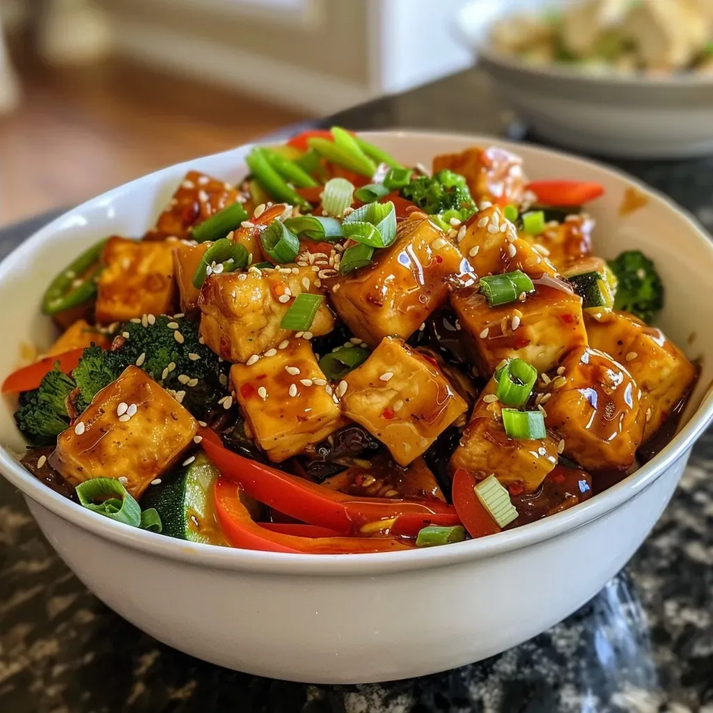 Plato de tofu y vegetales en salsa Szechuan, vista lateral.
