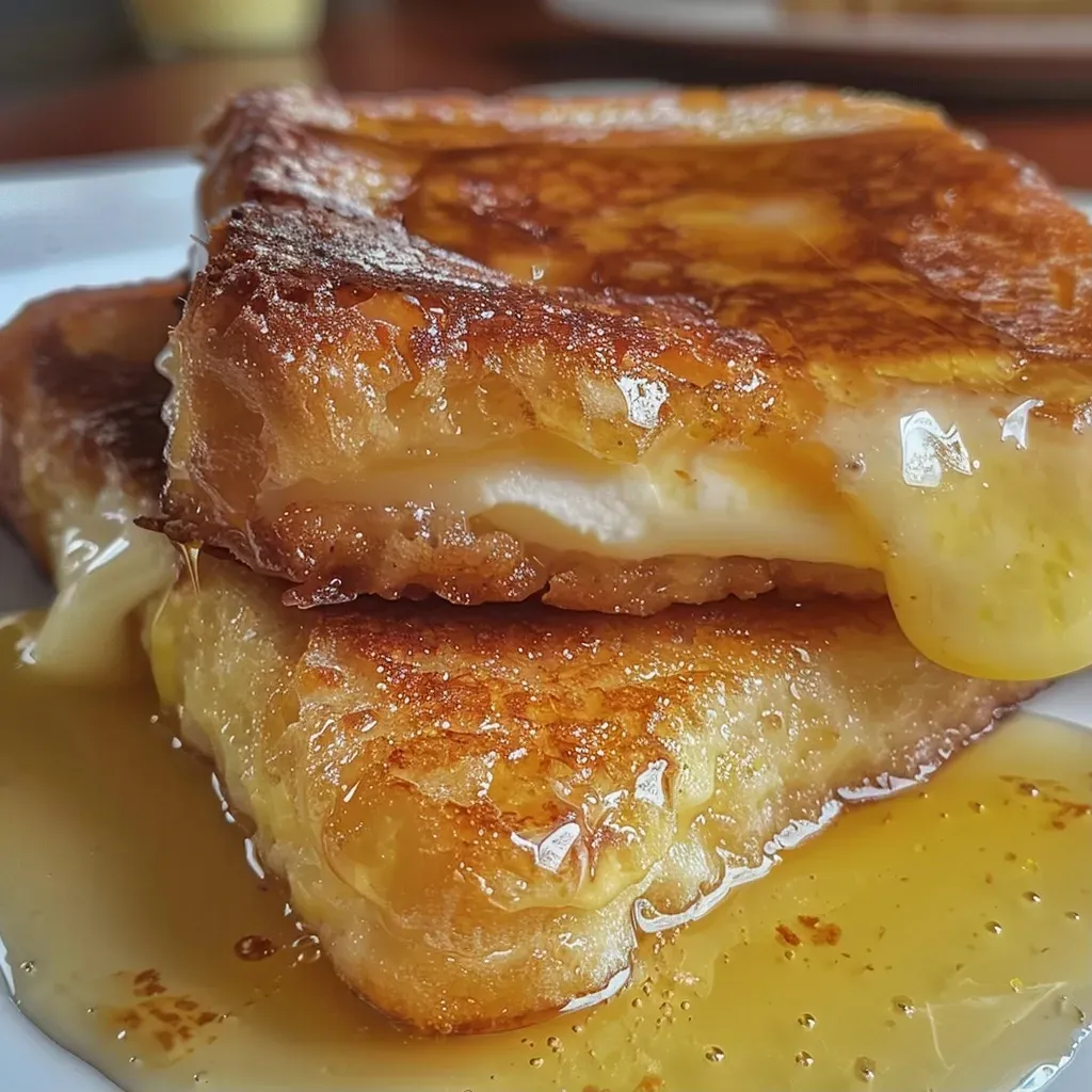 Torrijas rellenas de queso y miel, vistas de perfil sobre un fondo limpio.