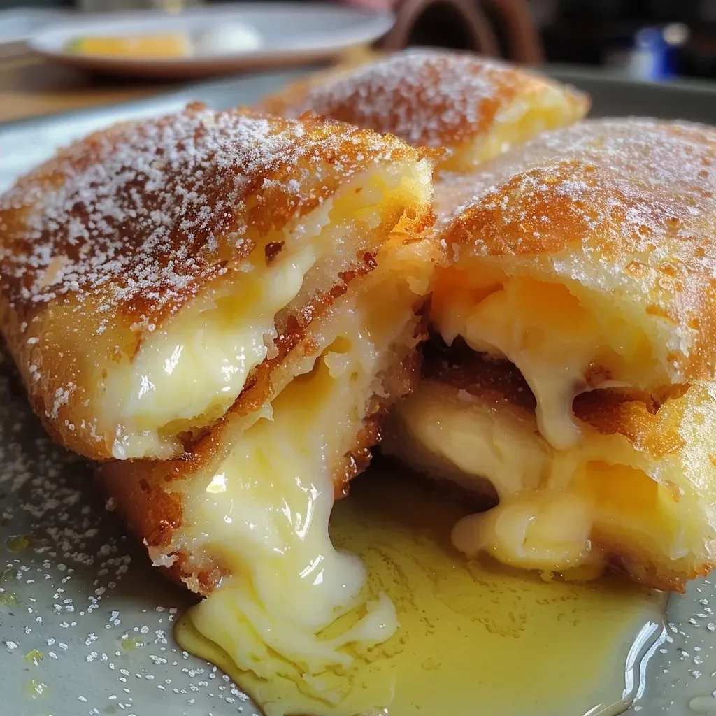 Deliciosas torrijas de pan, rellenas de queso crema y cubiertas con miel.