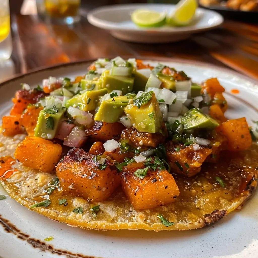 Tostada con calabaza asada y ingredientes frescos.