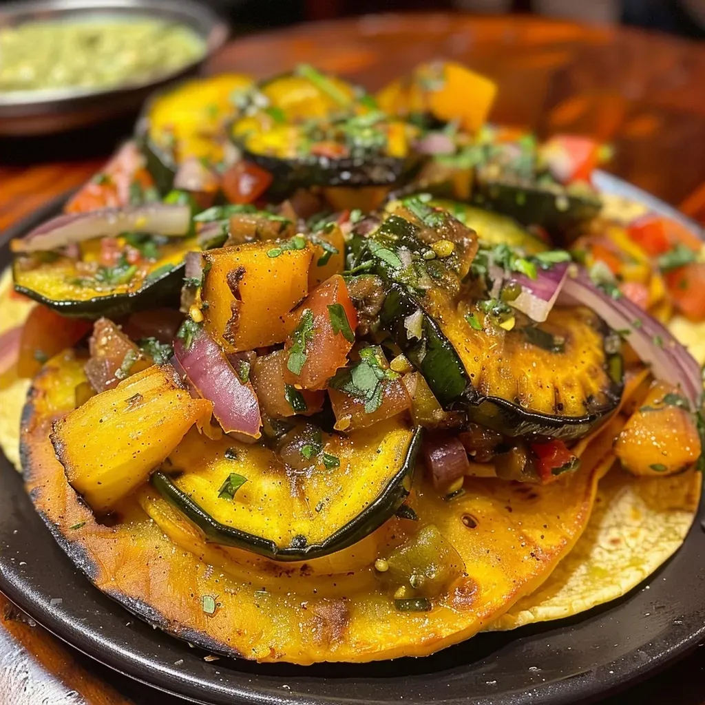 Primer plano de una tostada con calabaza asada y aguacate.