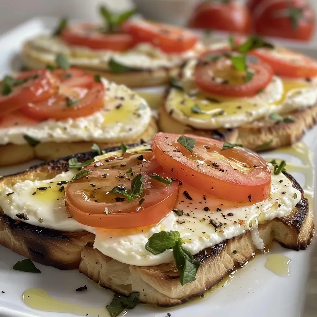 Tostas de higos asados con queso crema y miel en un plato.