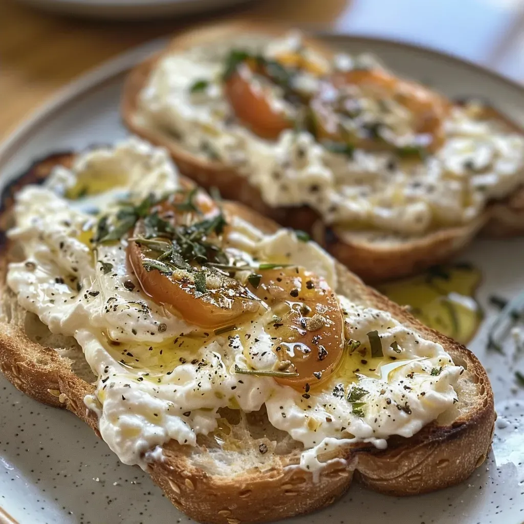Primer plano de tostas con higos, queso crema y miel.