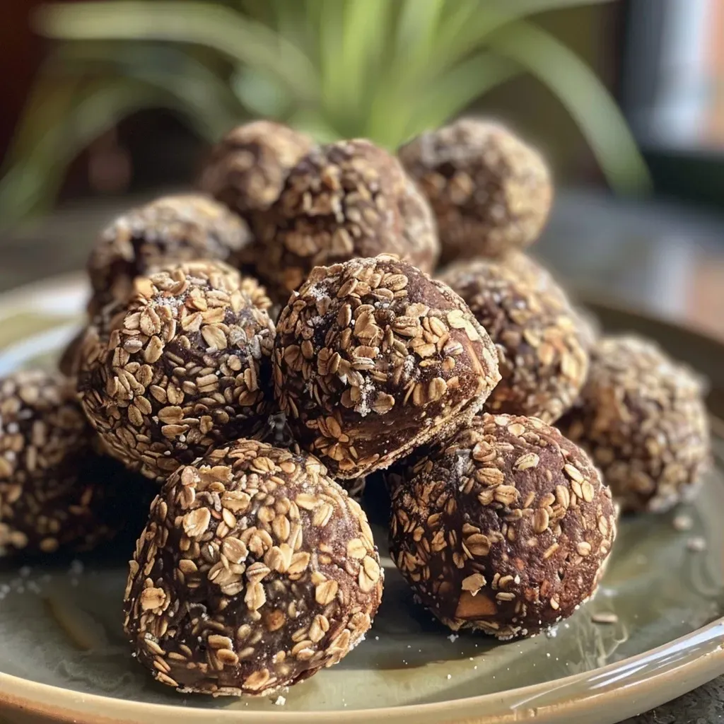 Primer plano de trufas de avena y algarroba, mostrando su textura.
