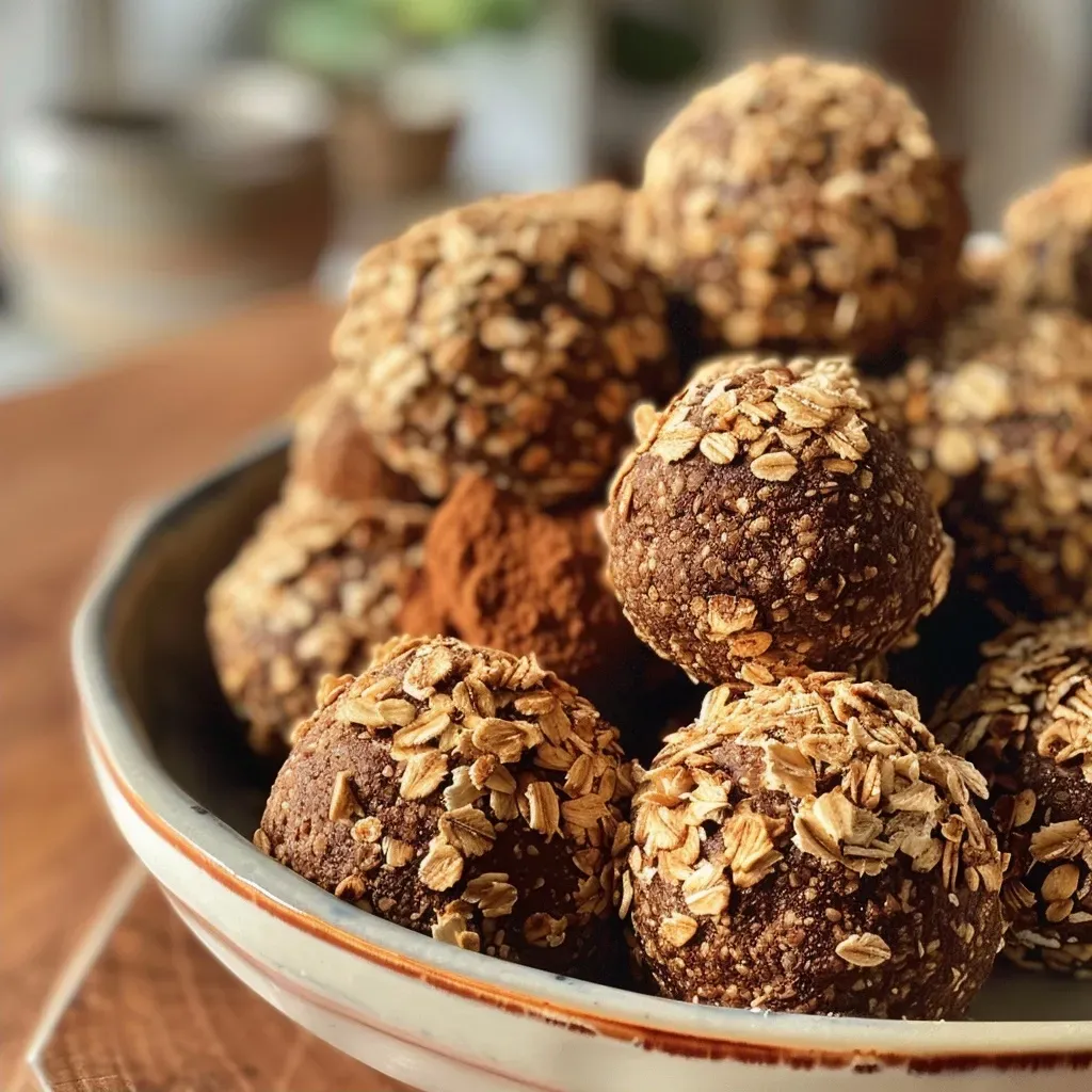 Vista lateral de trufas de avena y algarroba, con ingredientes visibles.
