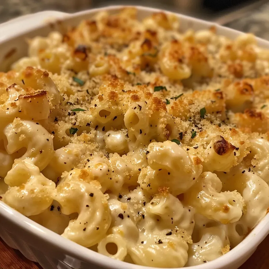 Vista lateral de un cremoso mac and cheese con trufa.