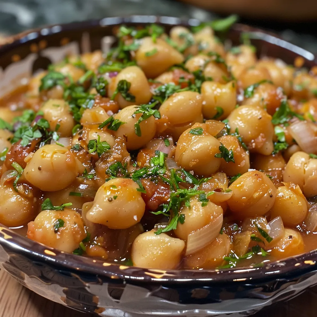 Tazón de garbanzos con especias marroquíes en primer plano.
