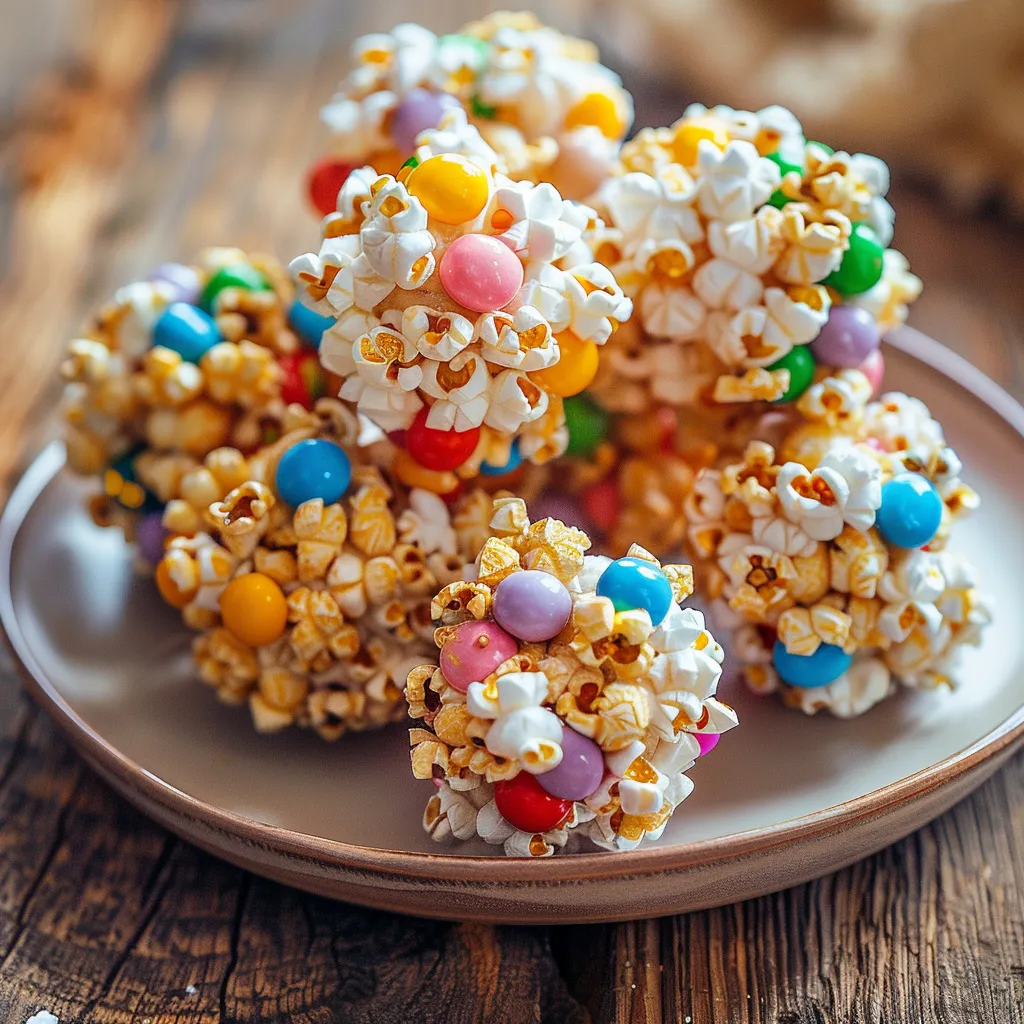 Bolas de palomitas de maíz con caramelos en primer plano.