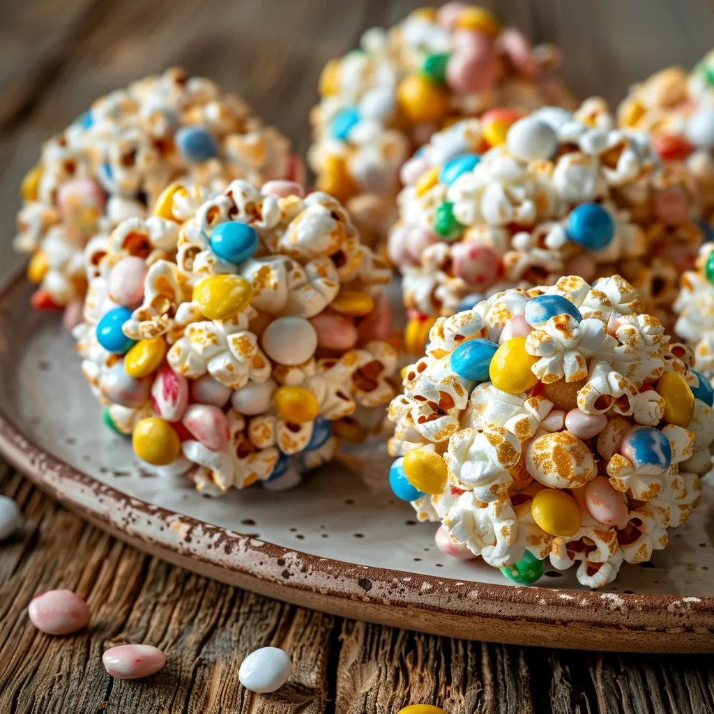 Detalle de bolas de palomitas de maíz decoradas con candy corn.