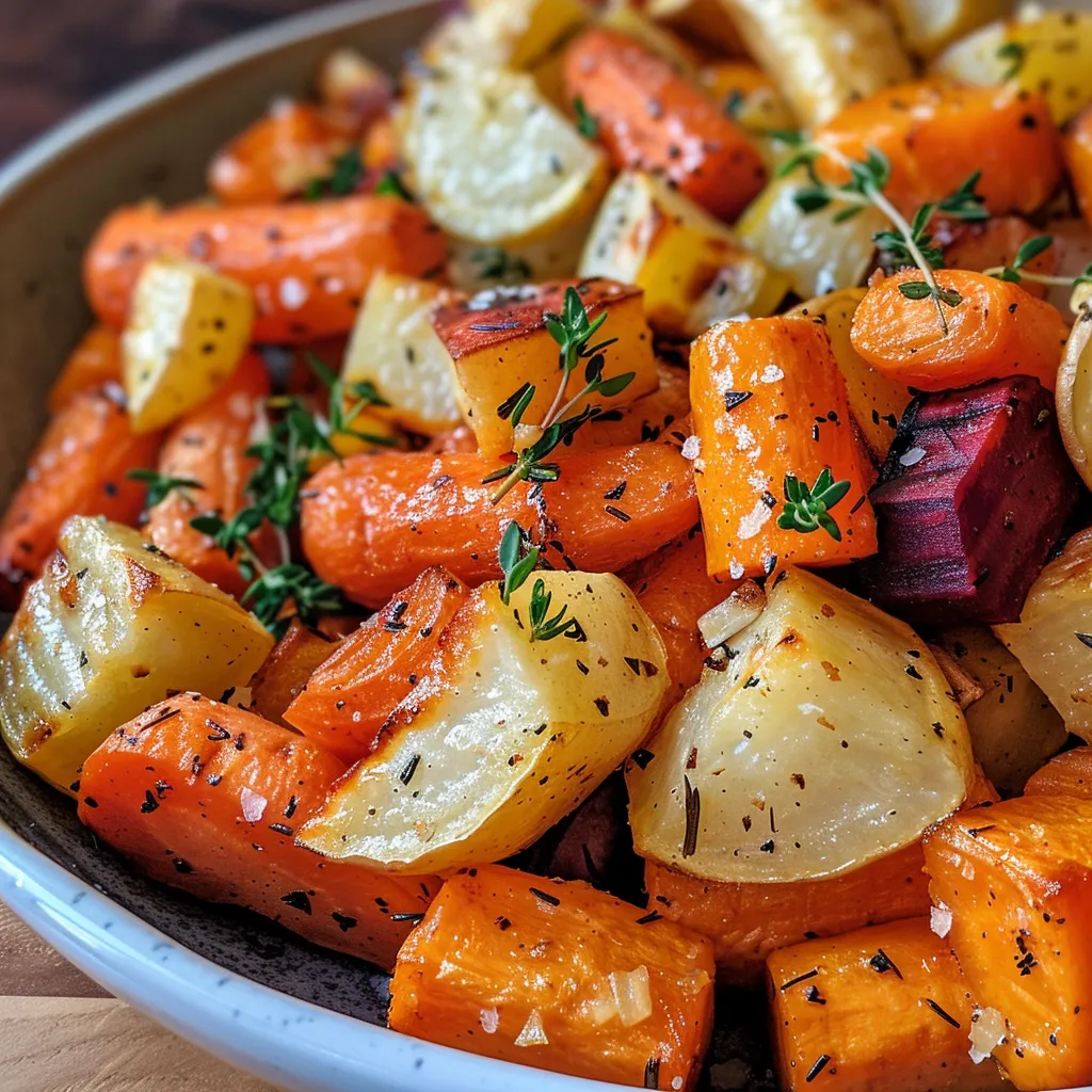 Verduras de raíz asadas junto a ramitas de romero.