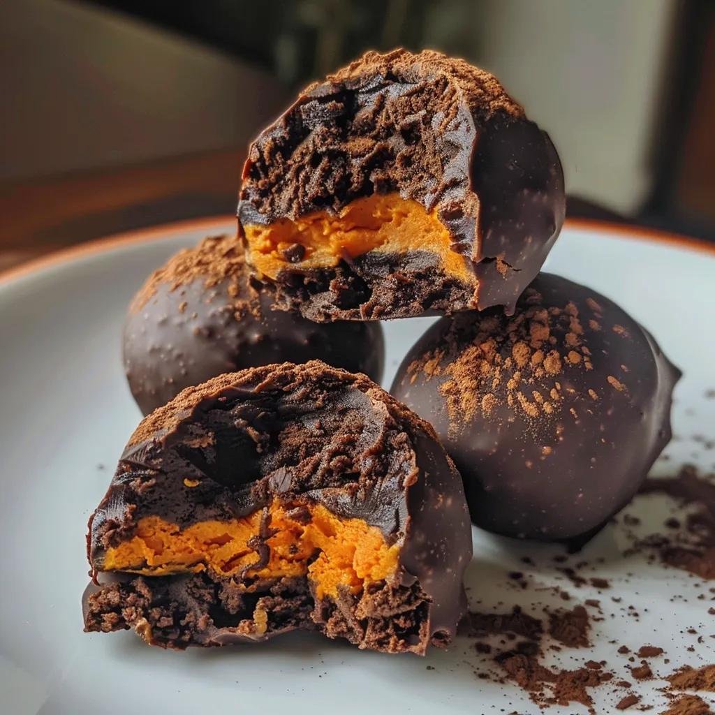 Trufas de chocolate negro y calabaza en primer plano.