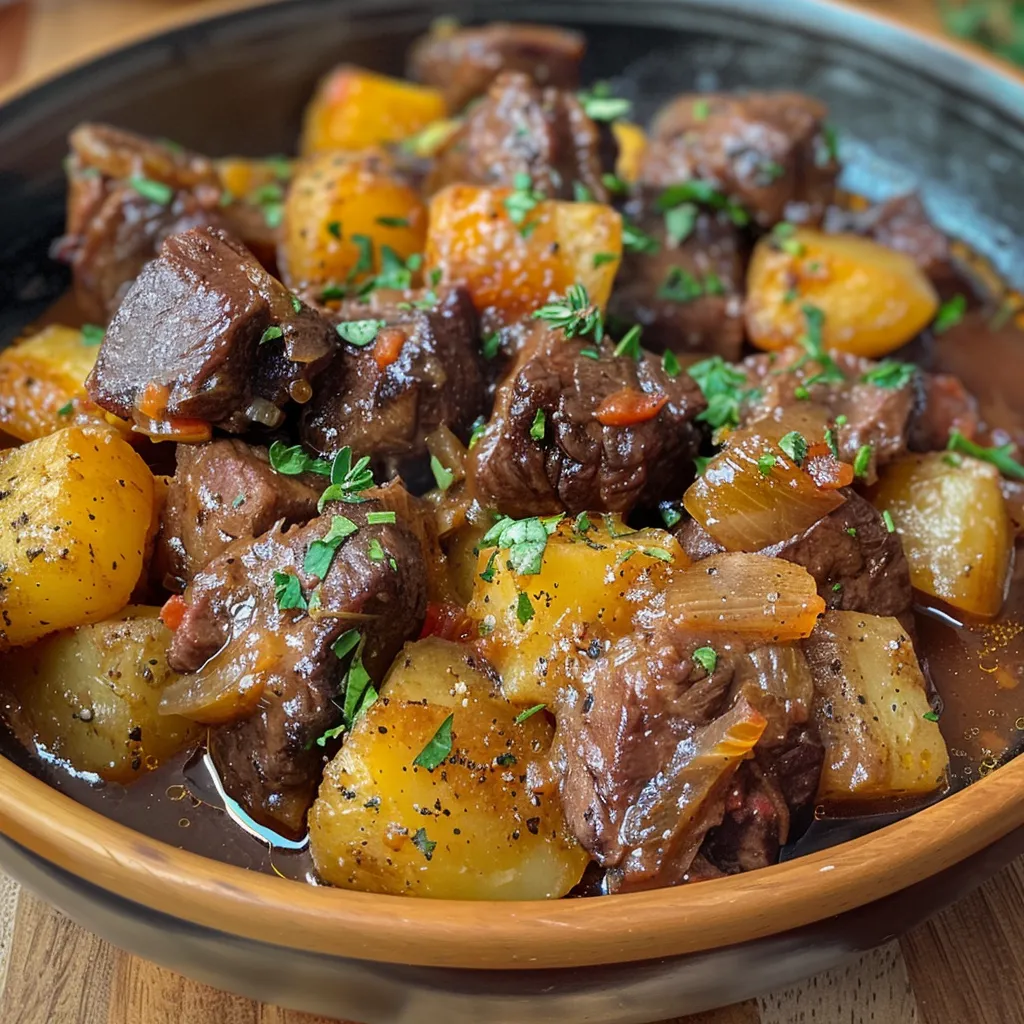 Estofado irlandés a la cerveza en un plato hondo.