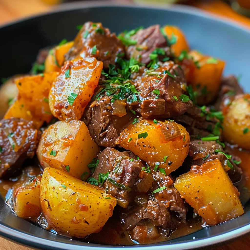 Primer plano de un estofado irlandés con carne y verduras.