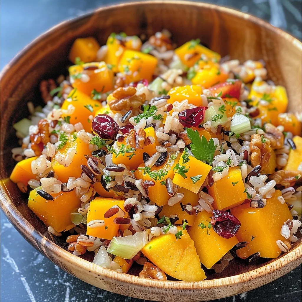 Ensalada de arroz salvaje con calabaza y nueces en primer plano.