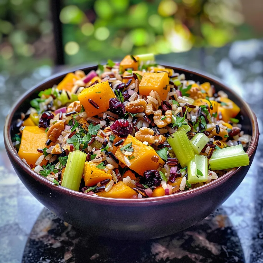 Detalle de una ensalada colorida de arroz salvaje y manzana.