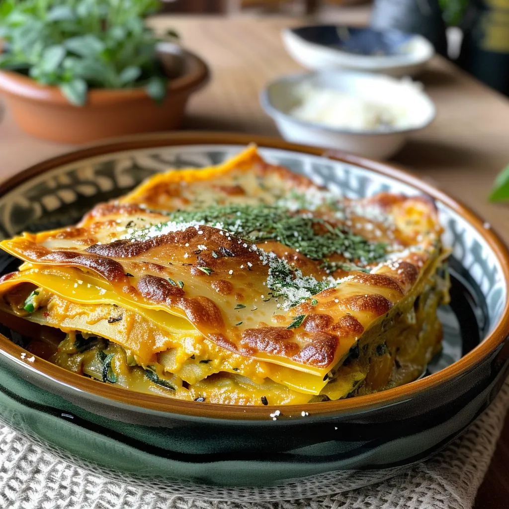 Lasaña de espinacas en un plato, destacando sus capas de vegetales.