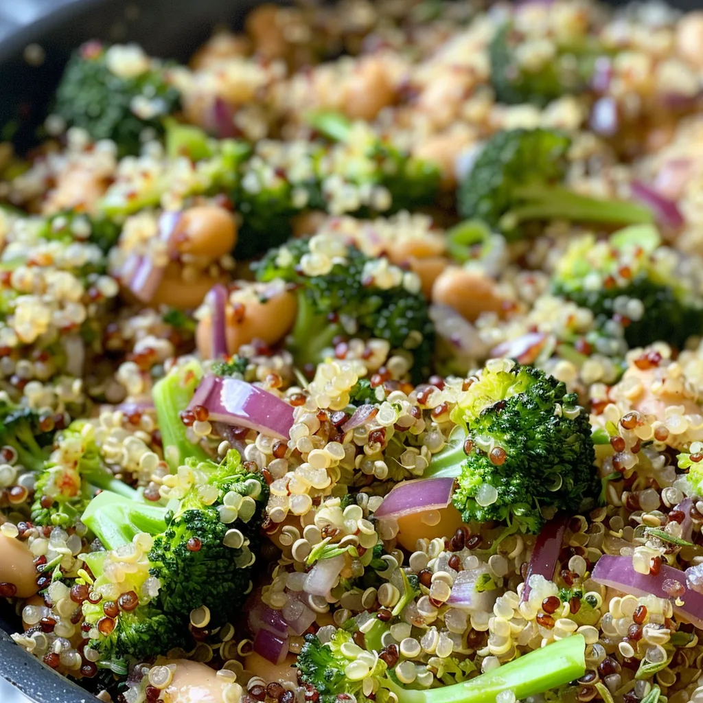 Vista lateral de una cazuela de brócoli y quinoa, mostrando ingredientes frescos.