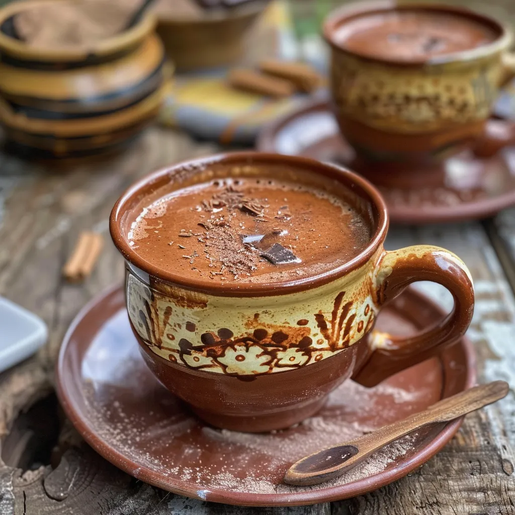 Taza de champurrado mexicano con textura espesa y color intenso.