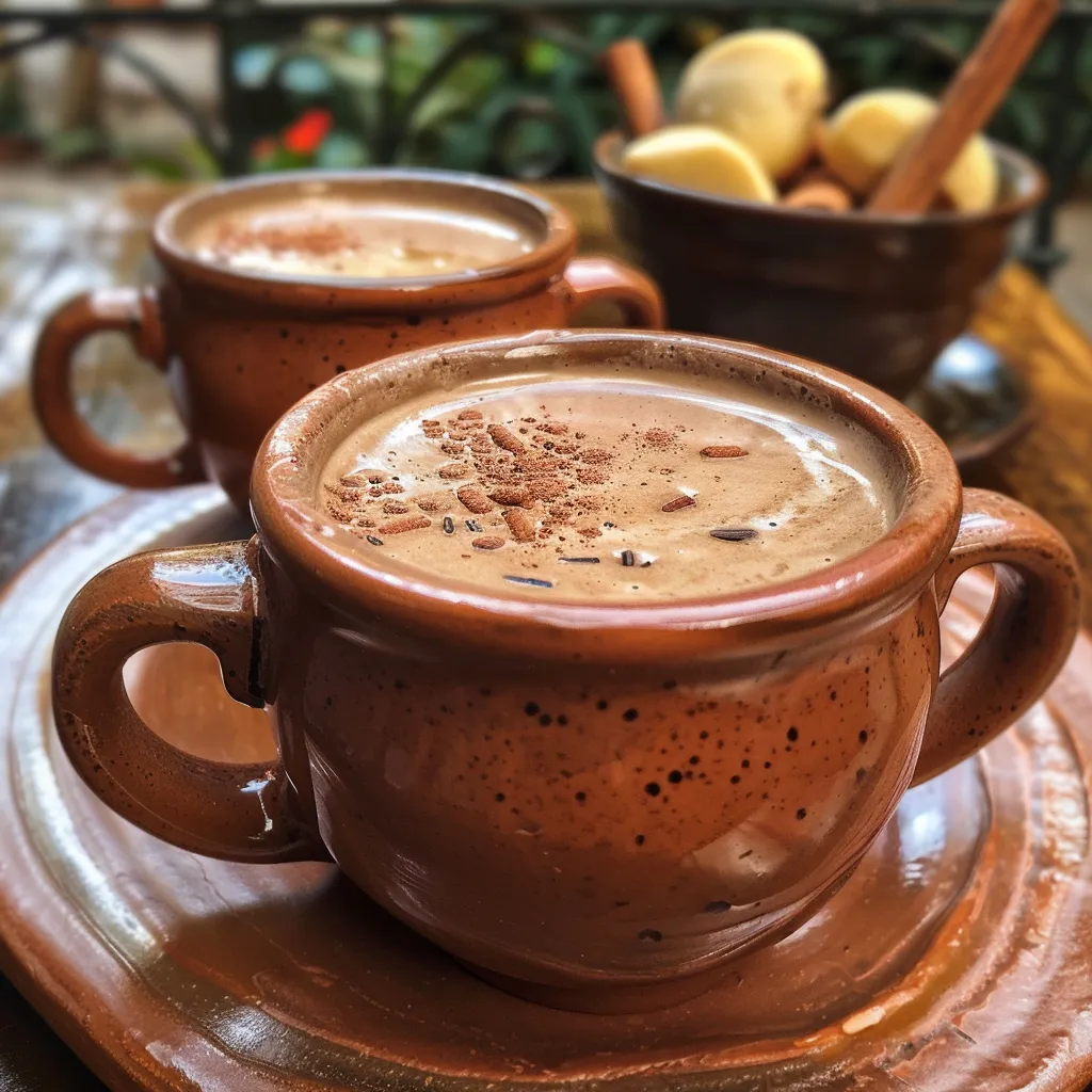Primer plano de champurrado mexicano servido en una taza blanca.