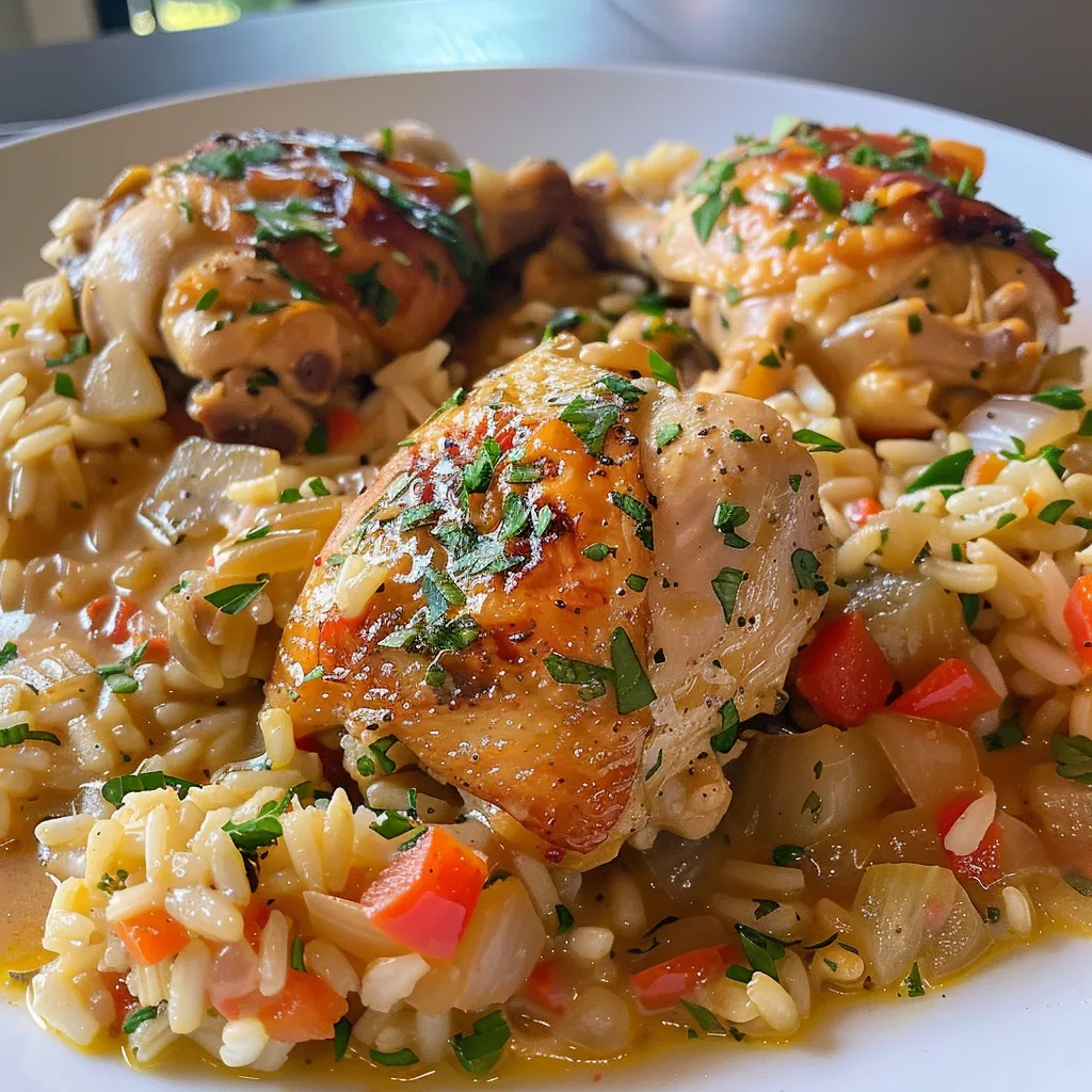 Pollo y arroz gratinados con queso y perejil fresco.