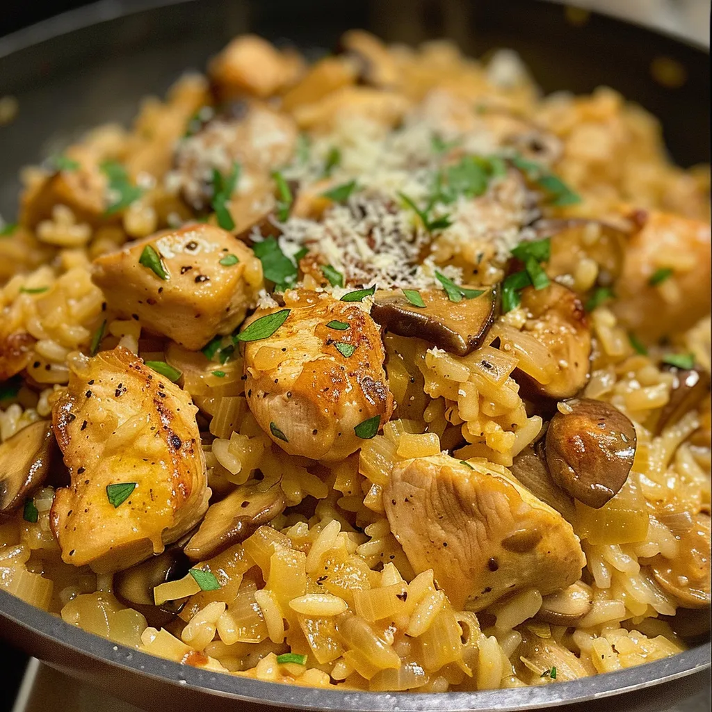 Close up de una preparación de arroz con pollo y champiñones.